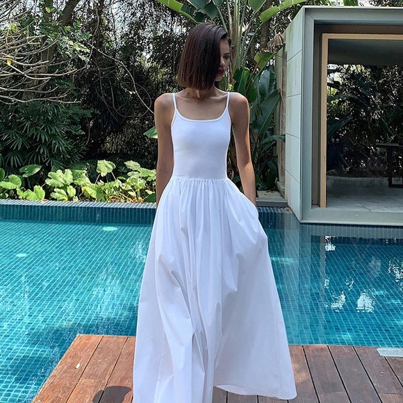 Commense Dresses & Skirts - Chic White Sleeveless Patchwork Pockets Cotton Cami Midi Dress Size XS